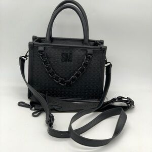 Steve Madden Black Leather Mini Tote Crossbody Bag Chain Detail Monogram